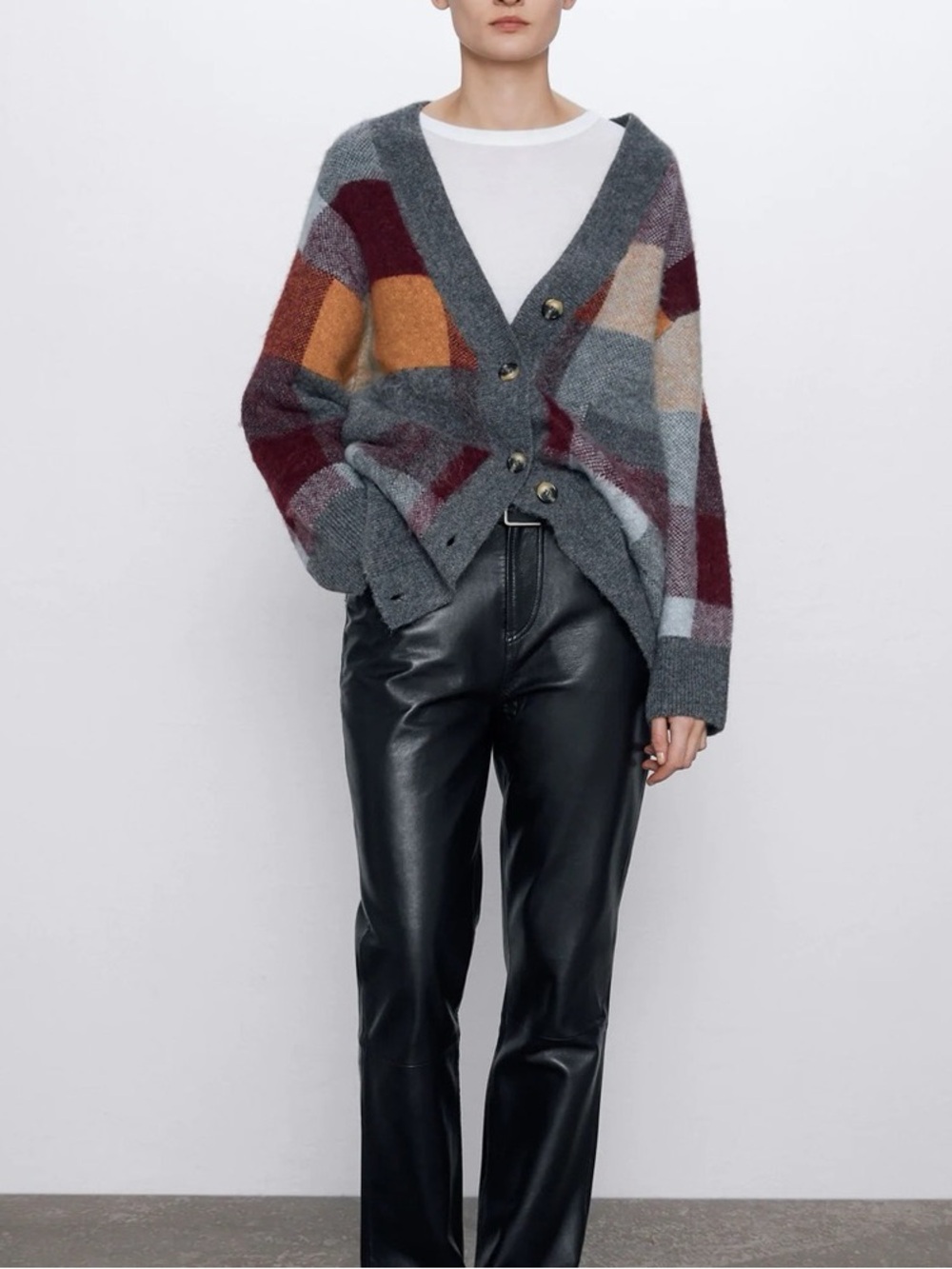 Zara Gray V-Neck Plaid Cardigan with Burgundy and Mustard Blocks